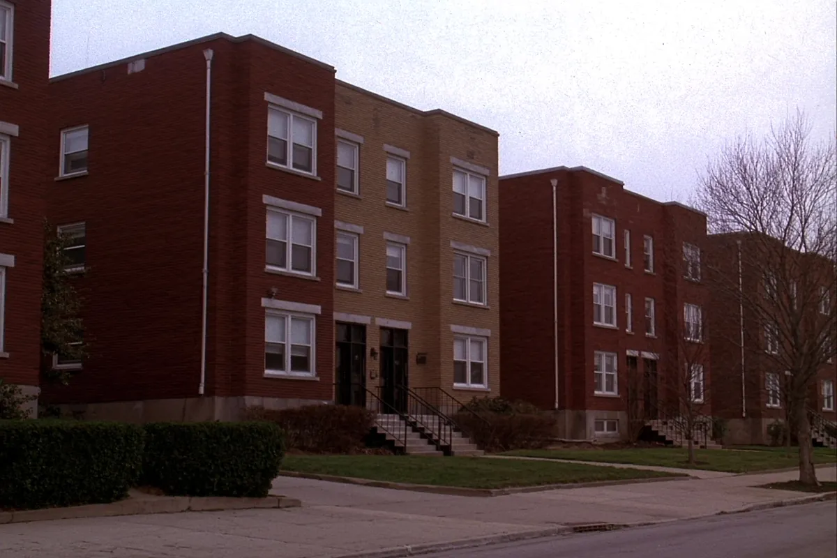 Brick two-flat and three-flat buildings on a street in Chicago, Illinois
